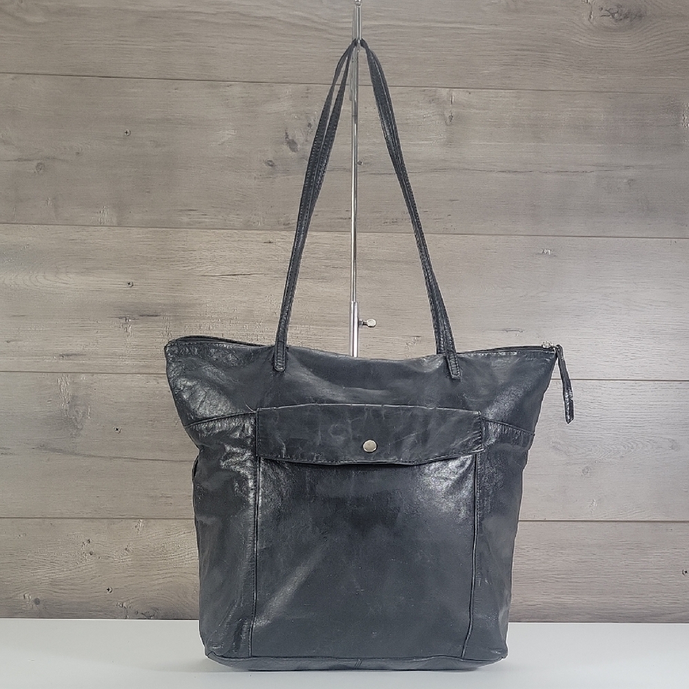 Latico NJ for Anthropologie Black Leather Tote Bag with Front Pocket